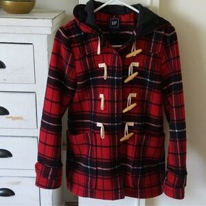 GAP red plaid wool toggle coat M